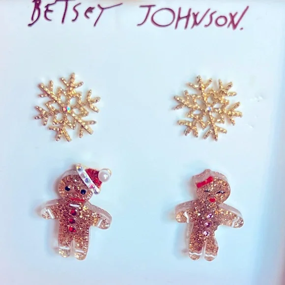 New Betsey Johnson Gingerbread And Snowflake stud Earrings - Picture 3 of 12